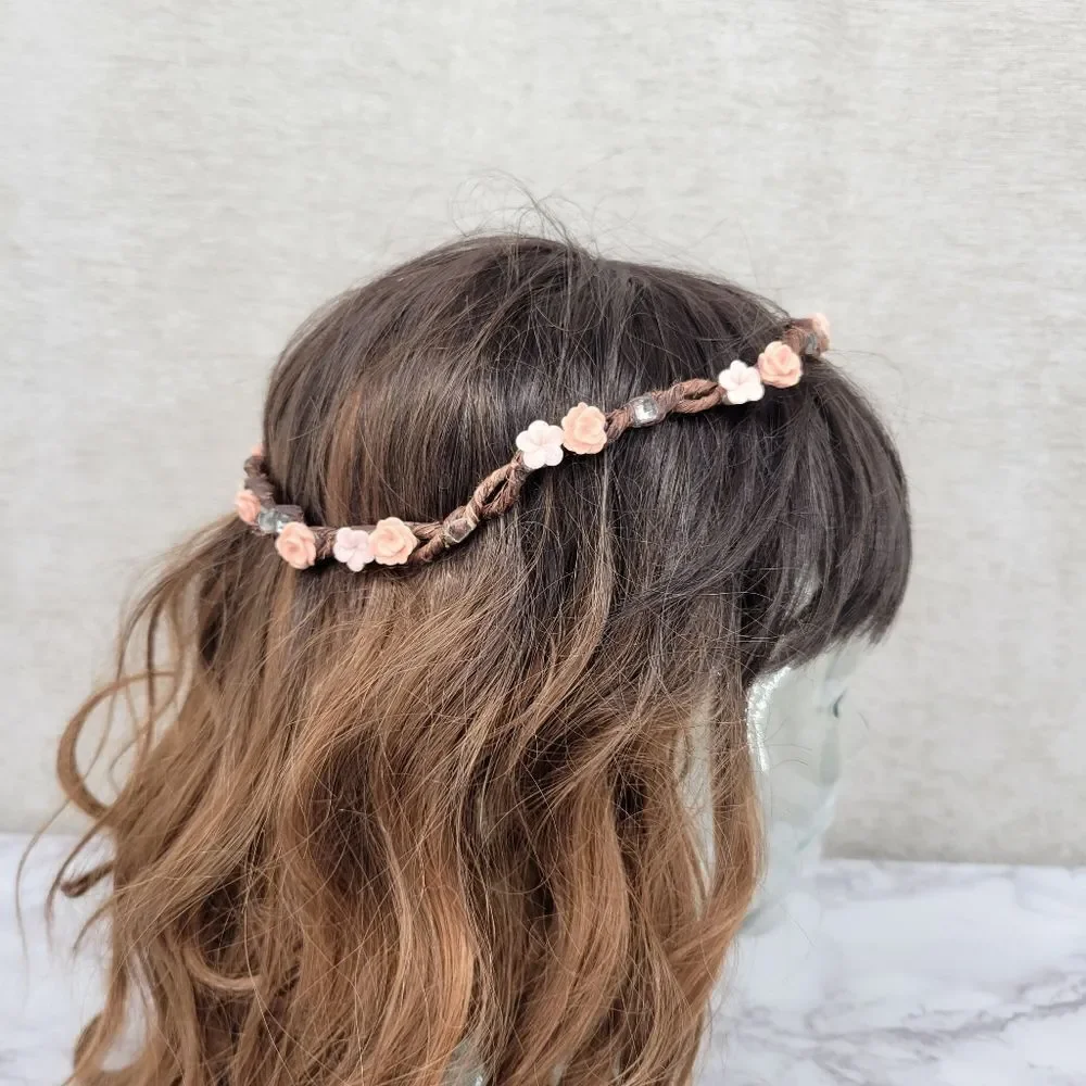 Floral Braided Headband Crown with Pink and Peach Flowers Bohi Hippie Festival